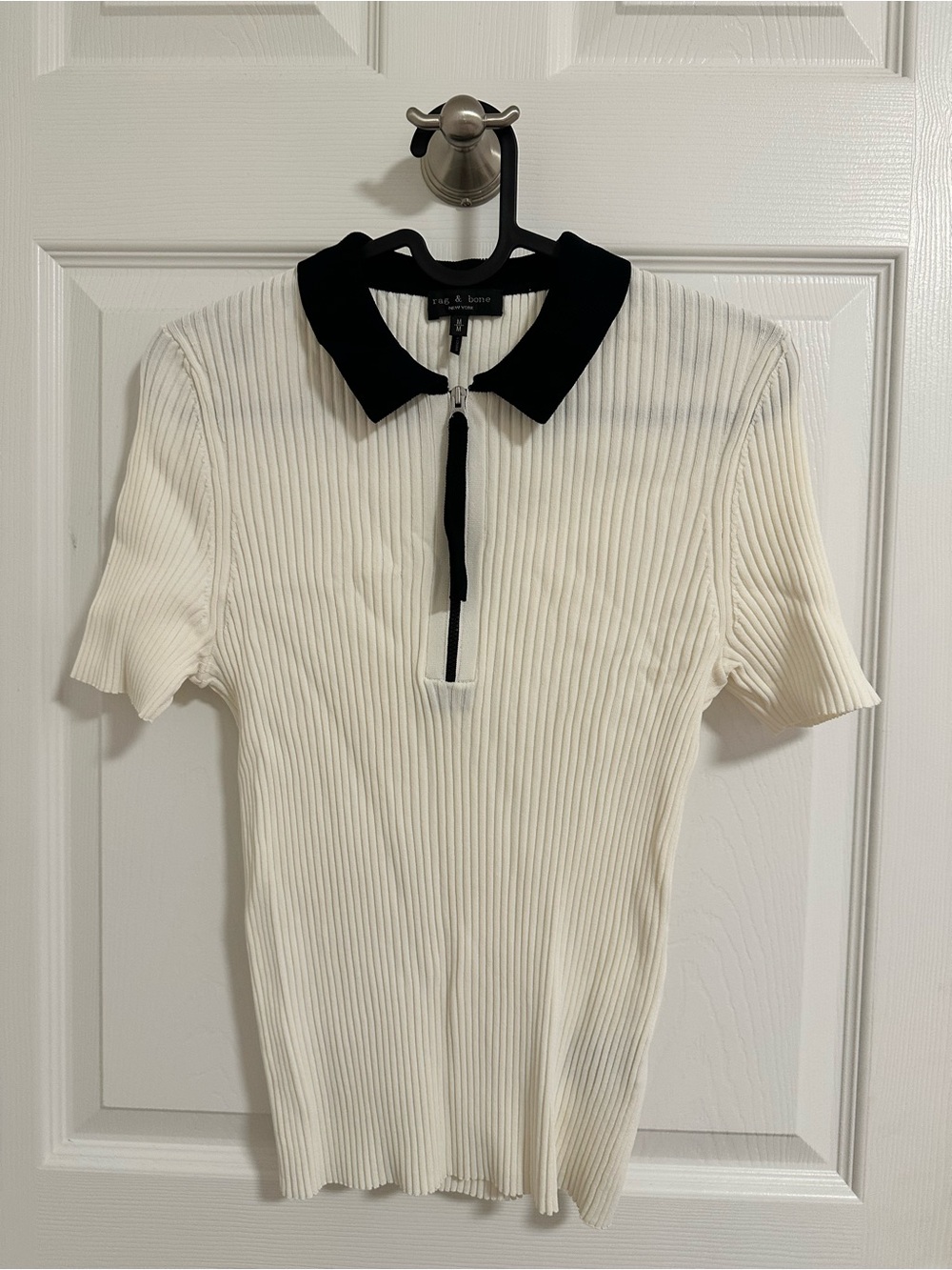 rag & bone White Ribbed Short-Sleeve Polo with Black Collar